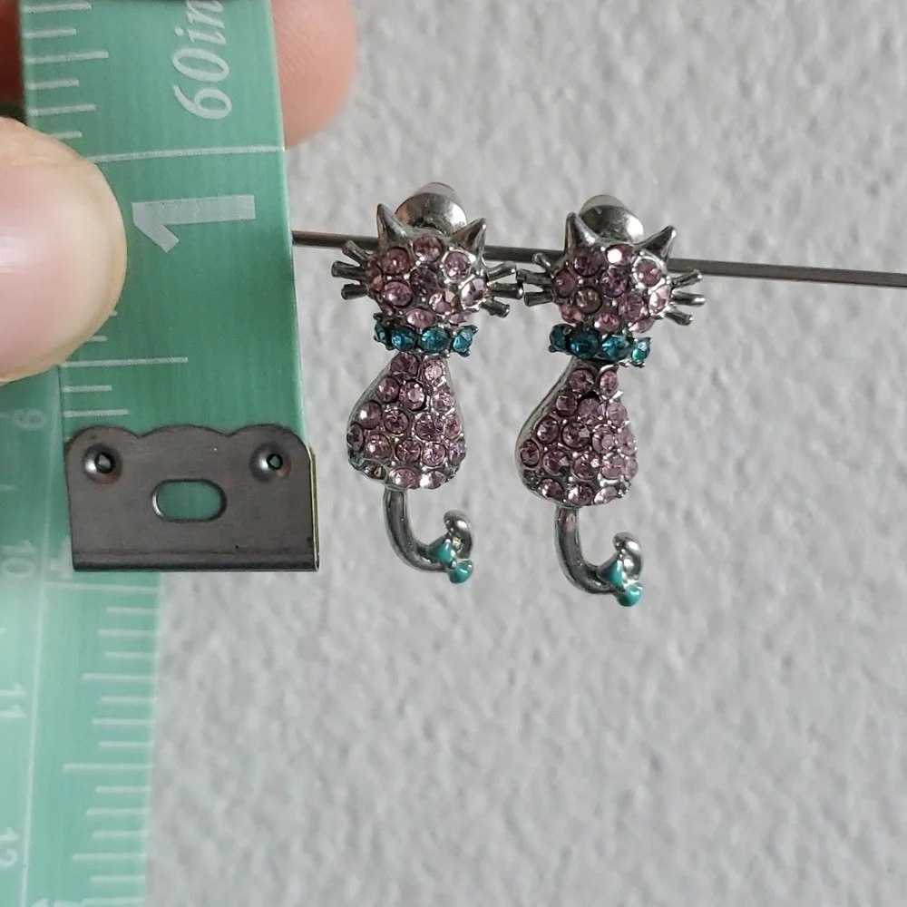 Pink Blue Gemstone Bejeweled Bobble Head Cat Dangle Post Earrings